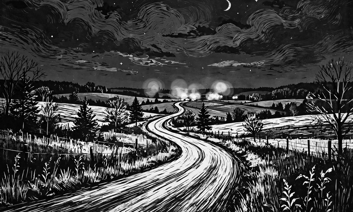 Black and white illustration of a nighttime rural road with blurred emergency lights
