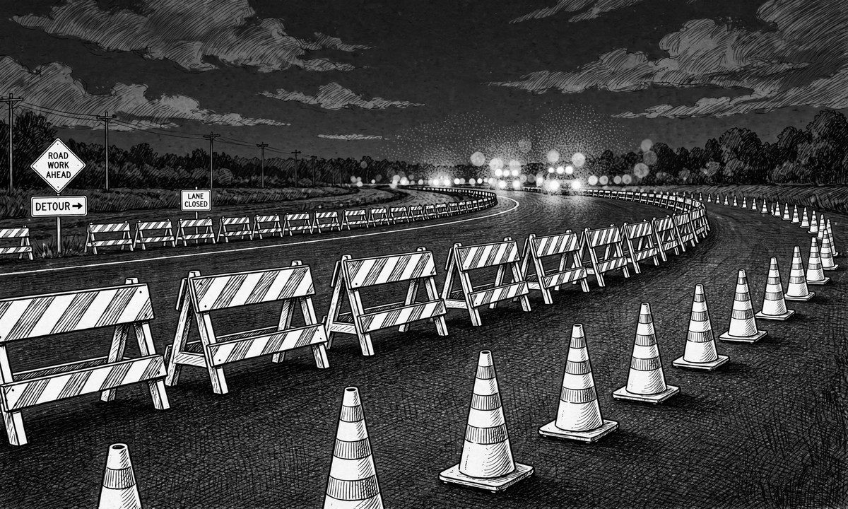 Black-and-white illustration of a nighttime highway construction zone with blurred emergency lights
