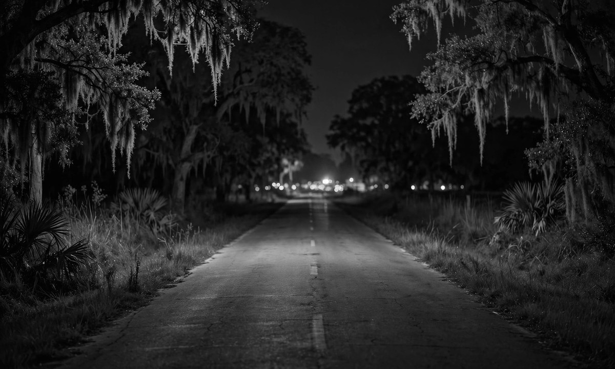 Black and white night scene of a rural road with distant emergency lights