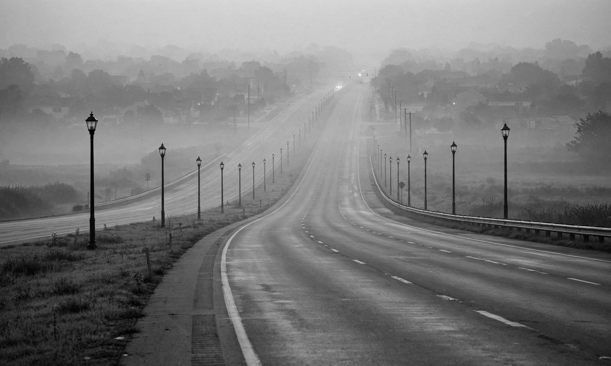 Black and white image of a suburban highway at dawn with blurred emergency lights in the distance