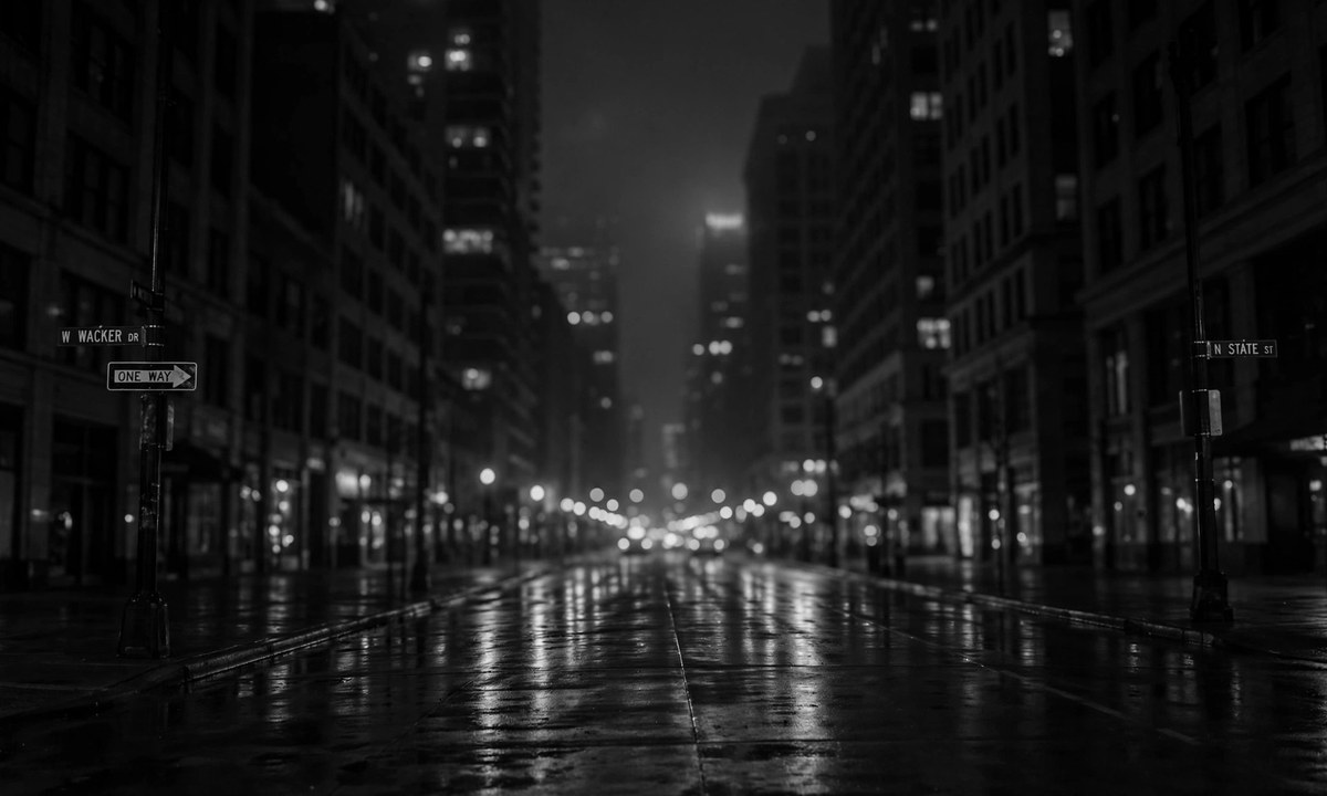 Black and white illustration of a nighttime city street in Chicago with blurred emergency lights.