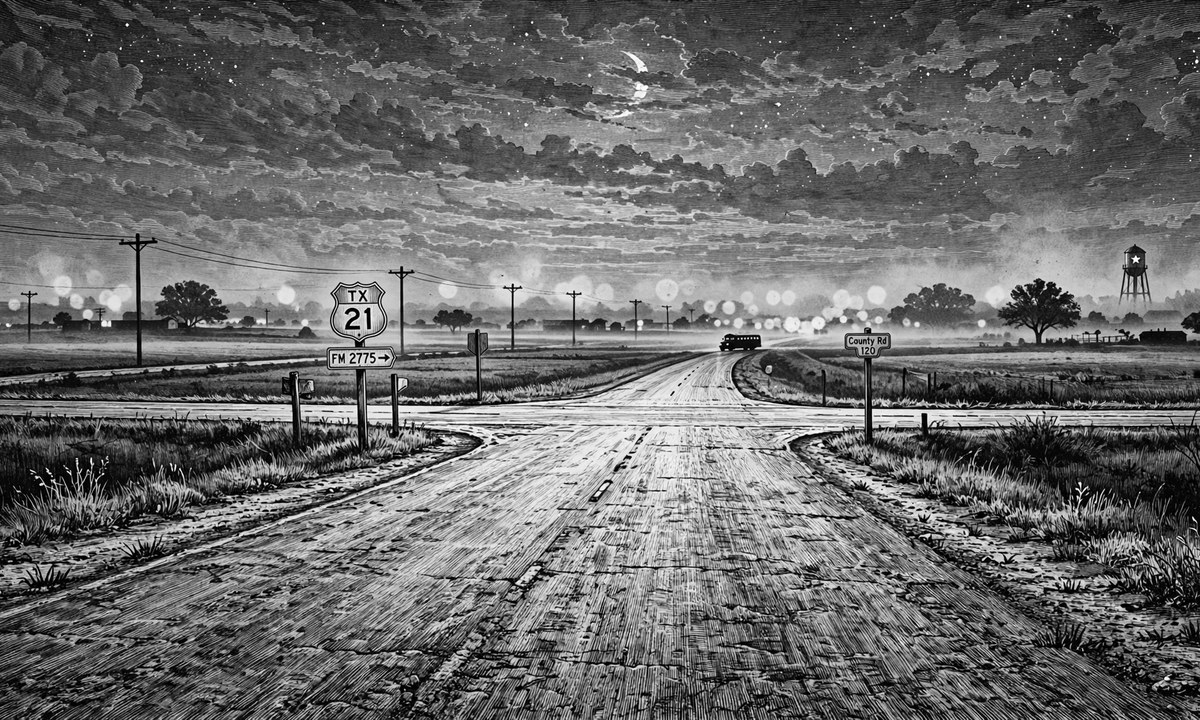 Black-and-white image of an empty highway road receding into the distance