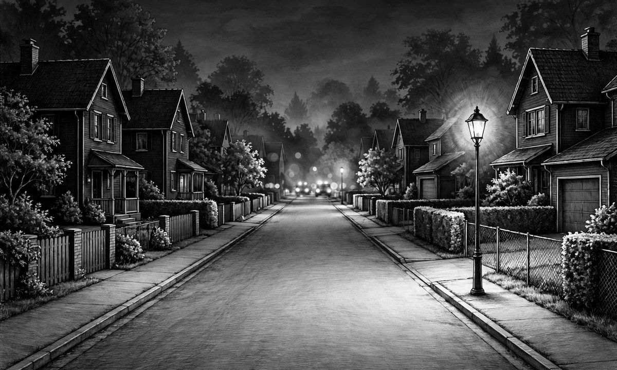 Black-and-white representative image of a night suburban street with blurred emergency lights