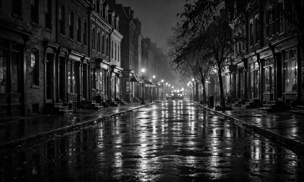 Black-and-white illustration of a nighttime Washington DC street with blurred emergency lights