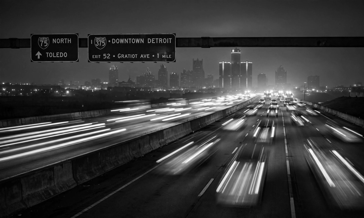 Black-and-white illustration of a nighttime Detroit freeway with blurred emergency lights