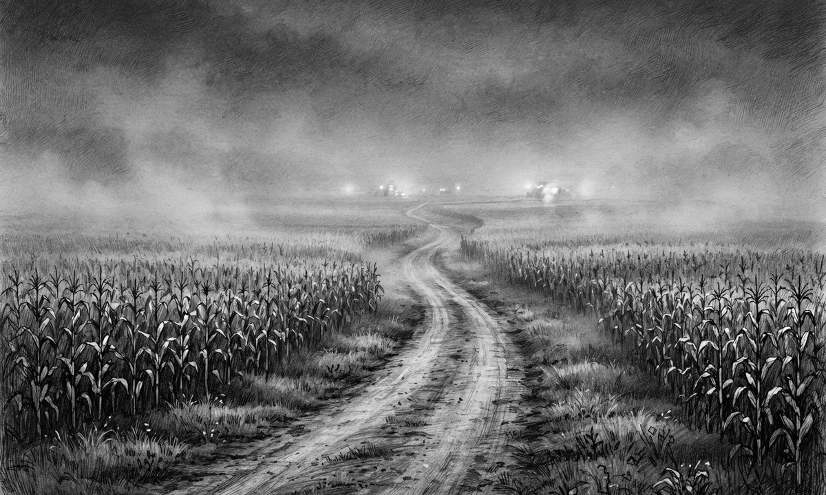 Black-and-white image of a corn maze at night with blurred emergency lights in the distance
