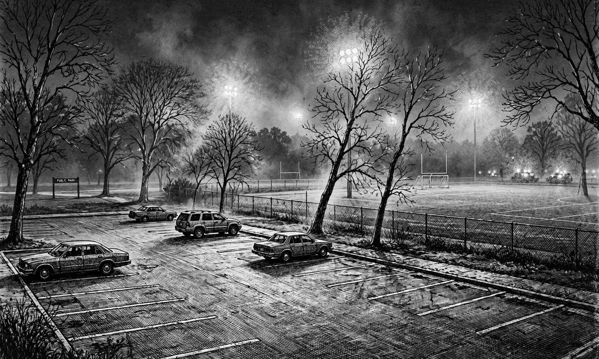 Black-and-white illustration of a suburban park parking lot at night with distant floodlights and blurred emergency lights