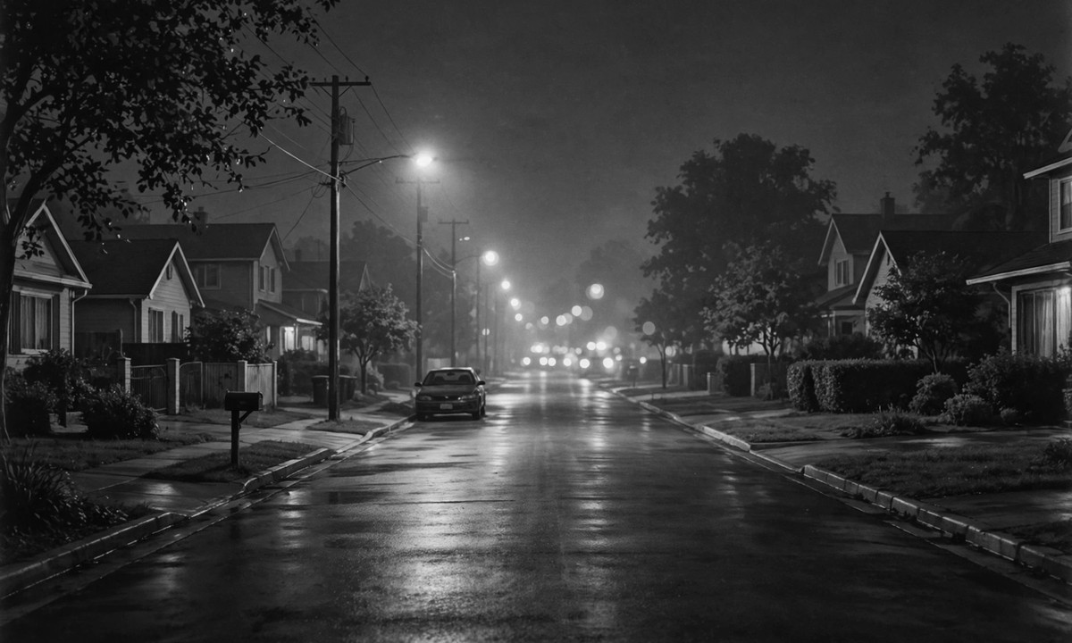 Black and white illustration of a nighttime suburban street with blurred emergency lights