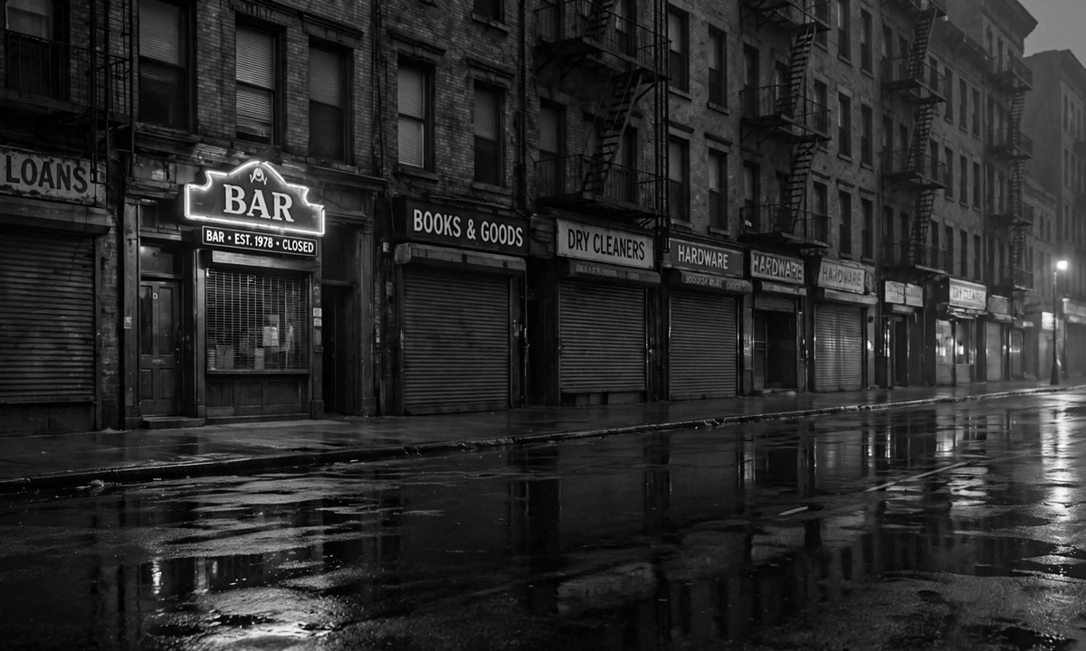 Black-and-white image of a nighttime city street with a bar storefront, shuttered shops and lights reflecting on wet pavement