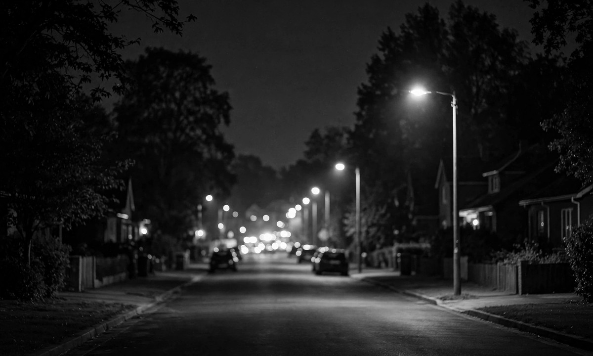 Black and white illustration of a suburban street at night with blurred streetlights and car headlights