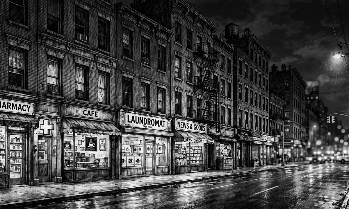 Black-and-white illustration of a nighttime city street with storefronts and blurred emergency lights.