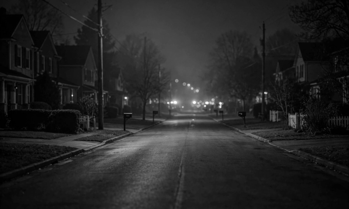 Black and white illustration of a night street with blurred emergency lights