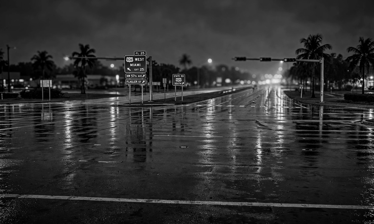 Black-and-white illustration of a highway intersection at night with blurred emergency lights