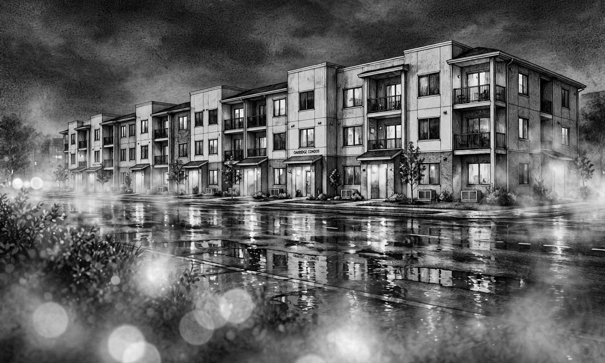 Black and white illustration of a condo building at night with blurred emergency lights in the foreground