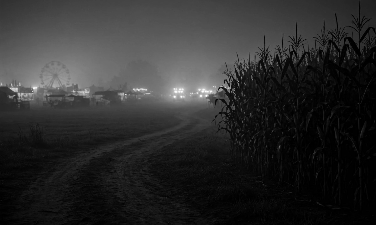 Black-and-white illustration of a night field beside a corn maze with blurred emergency lights in the distance.