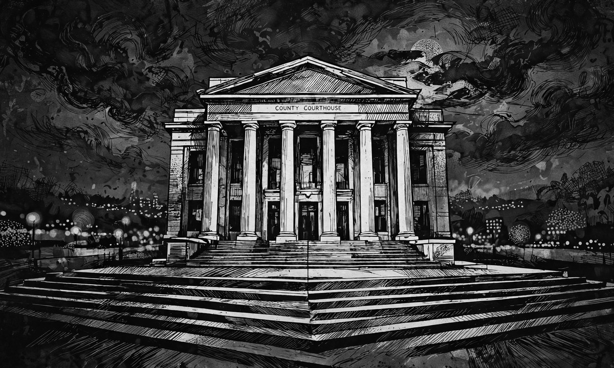 Black-and-white illustration of a county courthouse at night with tall columns and blurred lights