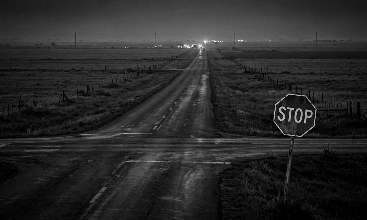 Black and white night scene of a rural Texas highway intersection with blurred emergency lights in the distance