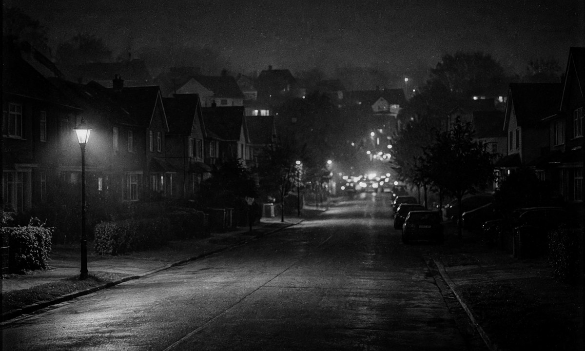 Black-and-white night street scene with blurred emergency lights in the distance