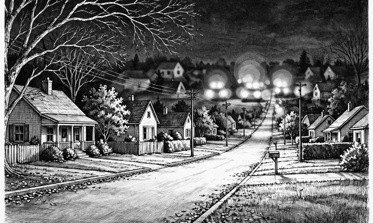 Black and white illustration of a nighttime street with blurred emergency lights in the distance