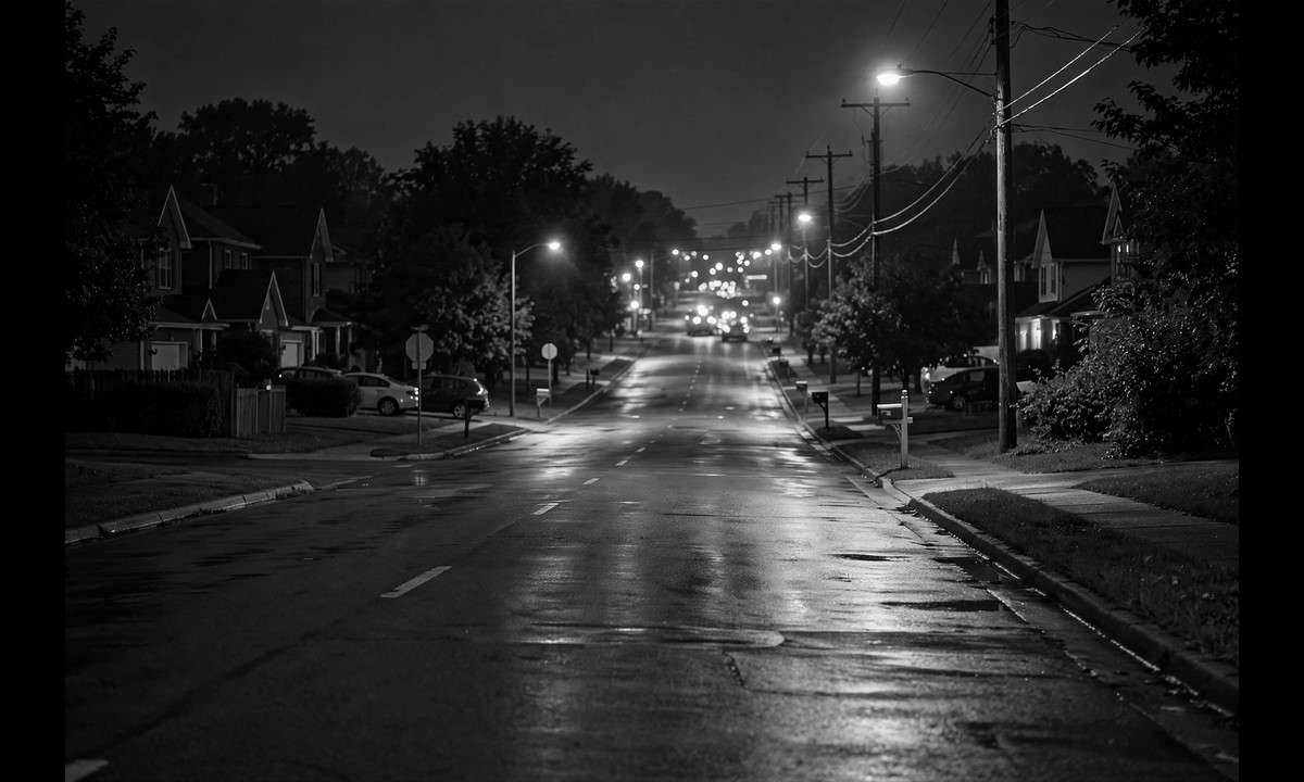 Black-and-white illustration of a nighttime street with blurred emergency lights