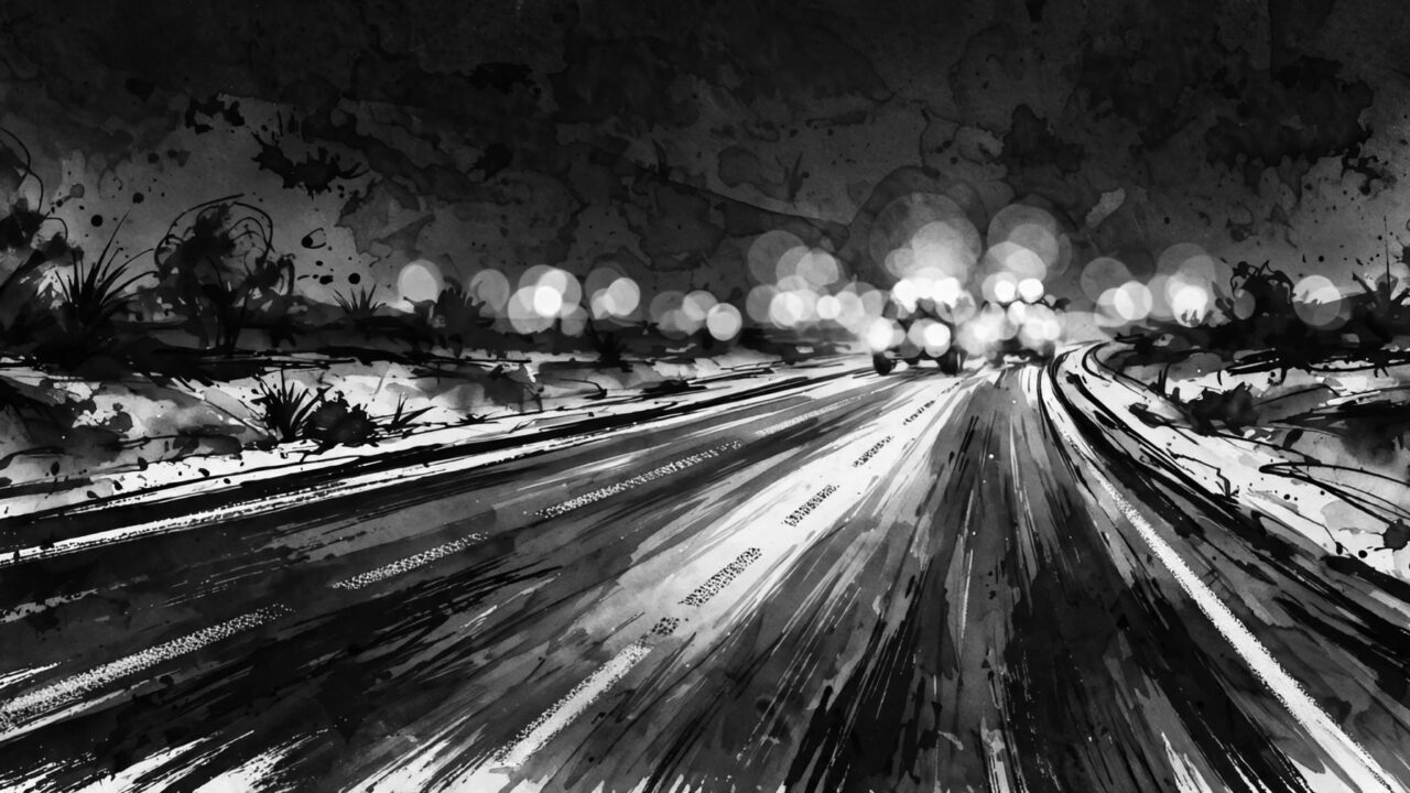 Black-and-white nighttime highway scene with blurred emergency lights, representative image