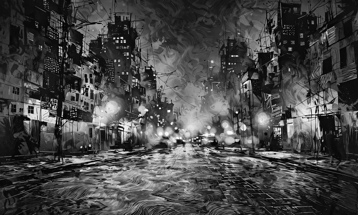 Black-and-white illustration of a dark residential street at night