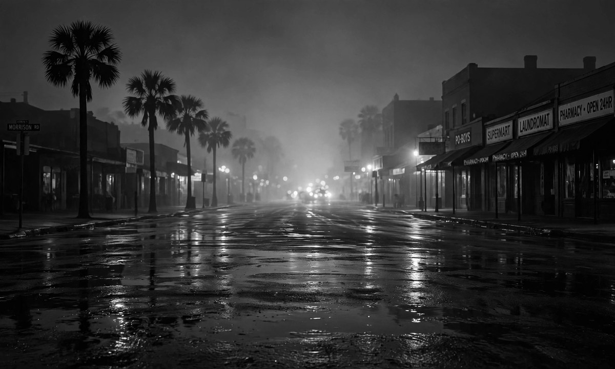 Black-and-white illustration of a nighttime New Orleans street with blurred emergency lights