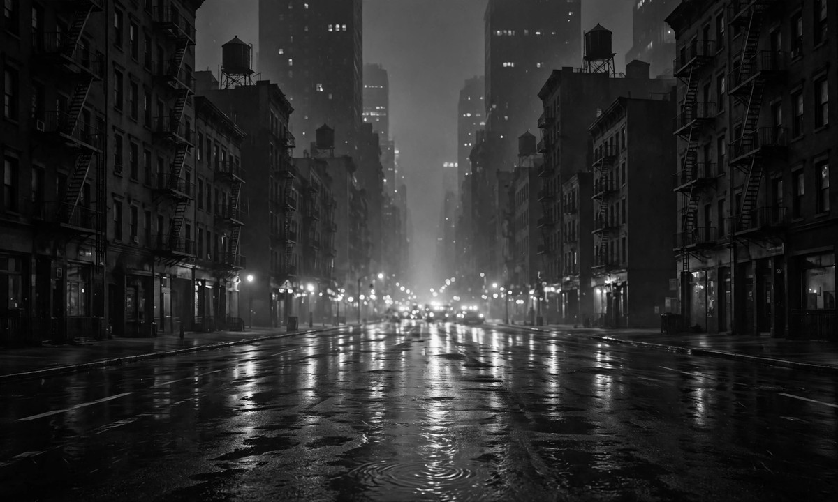 Black-and-white illustration of a nighttime New York City street with blurred emergency lights.