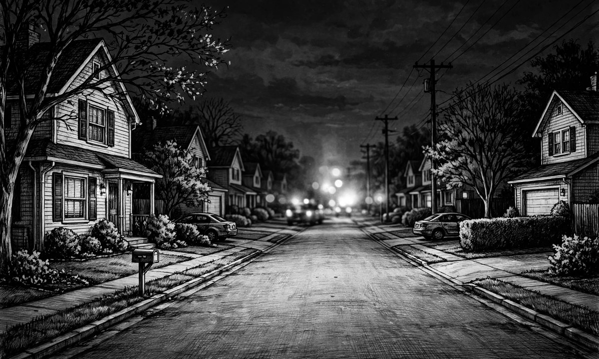 Black and white night street scene in northwest Oklahoma City.