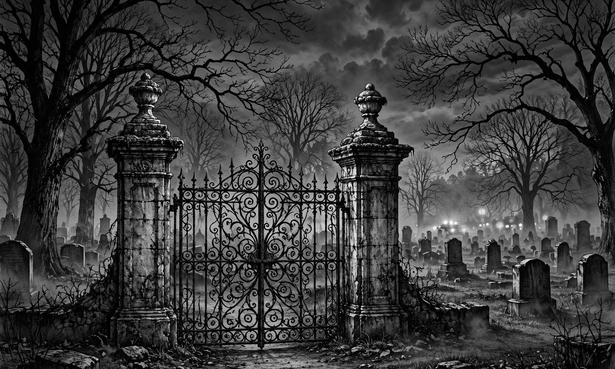 Black and white illustration of a cemetery gate at night with blurred emergency lights in the distance