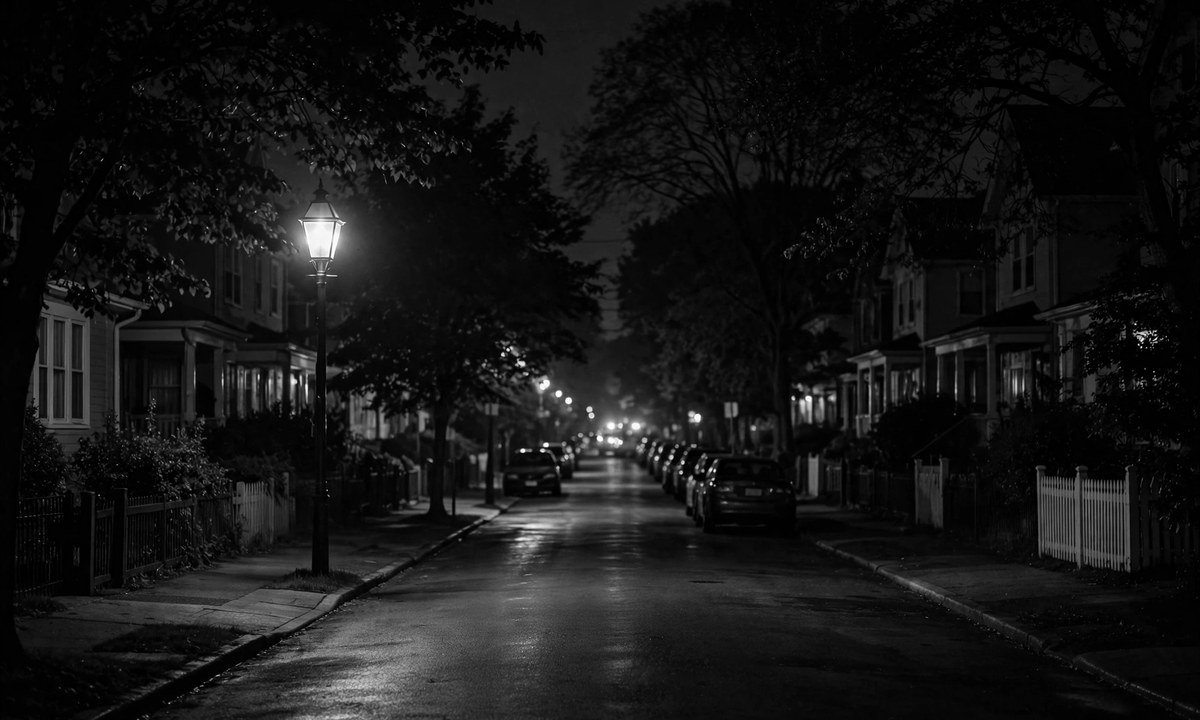 Black and white night street scene with blurred emergency lights