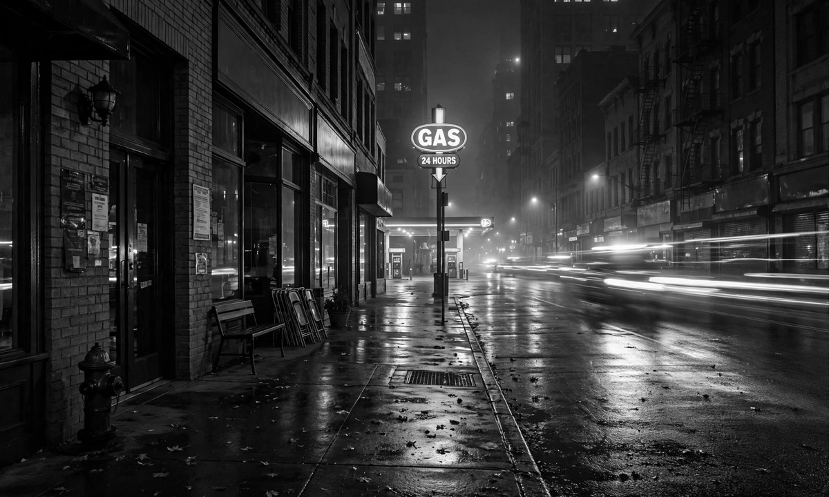 Black and white night street scene with blurred emergency lights, representative image