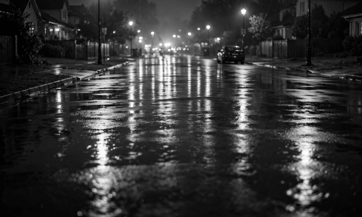 Black and white illustration of a nighttime suburban street with blurred emergency lights