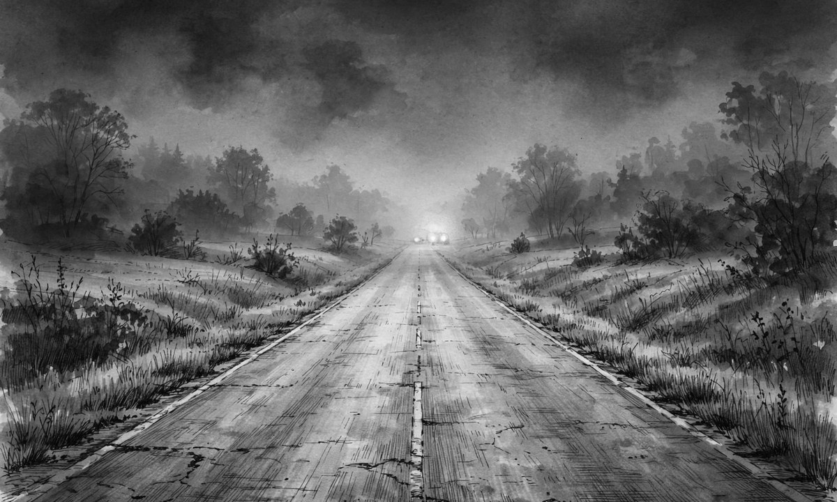 Black and white illustration of a dark rural road at night