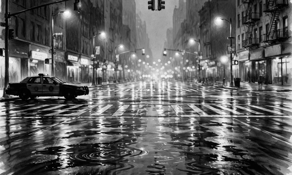 Black-and-white illustration of a night street intersection with a patrol car and blurred emergency lights