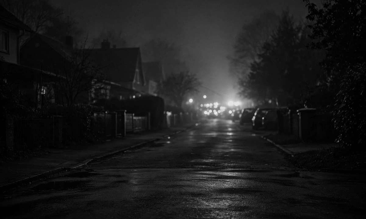 Black-and-white nighttime residential street with blurred emergency lights in the distance