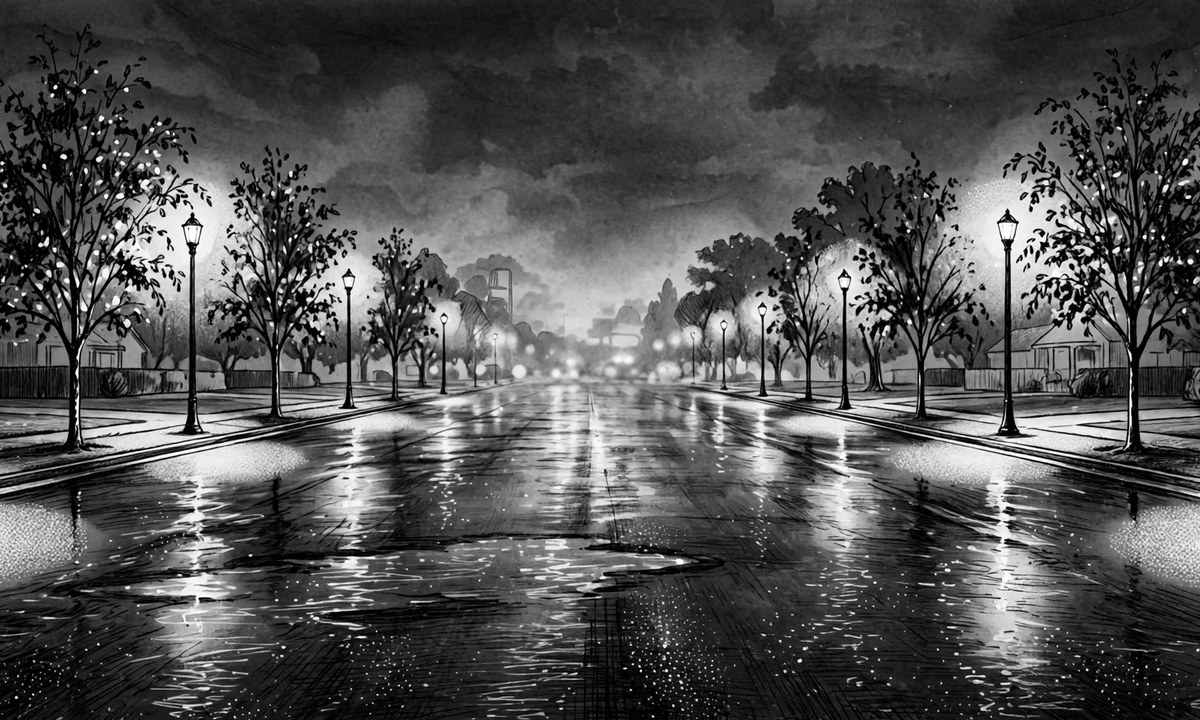 Black-and-white illustration of a nighttime boulevard with blurred emergency lights.