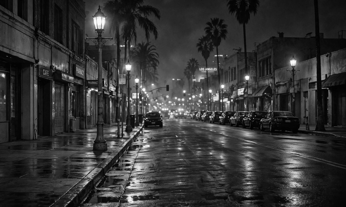 Black-and-white illustration of a nighttime street lined with glowing lamps and buildings