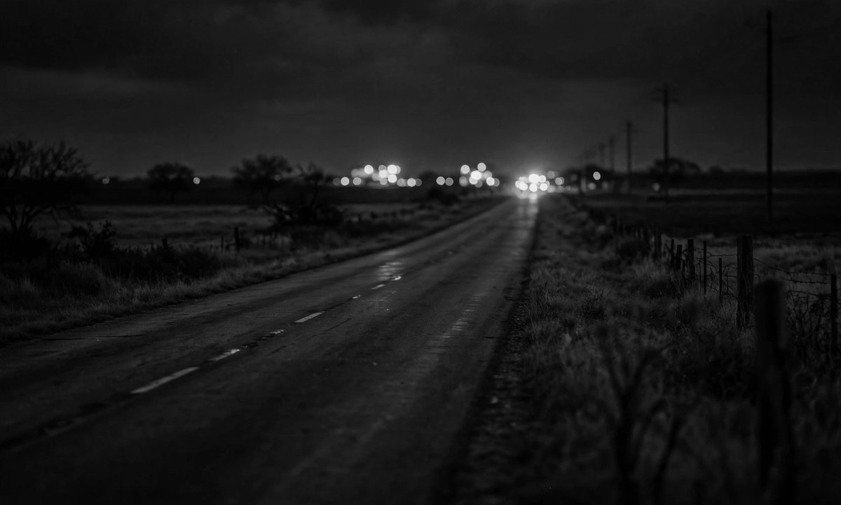 Black-and-white illustration of a rural Texas highway at night with blurred emergency lights