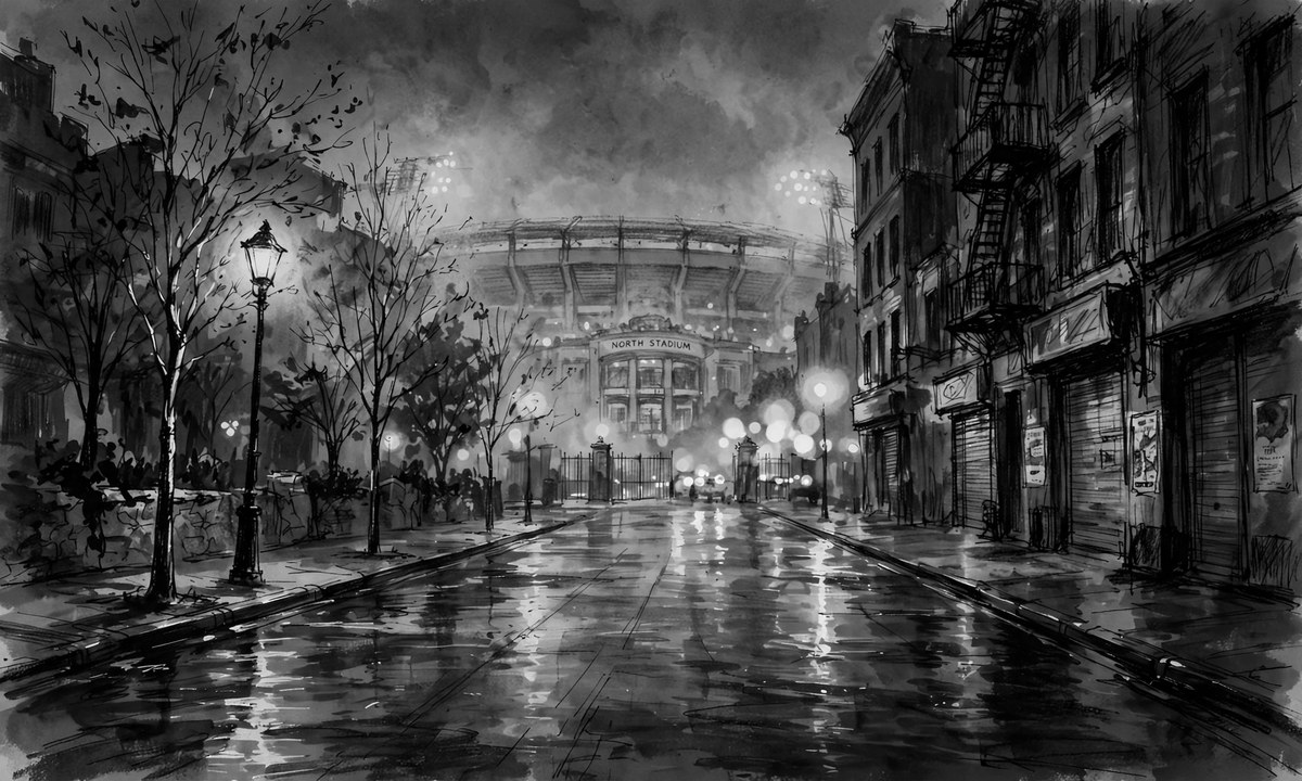 Black-and-white illustration of a nighttime street leading to a stadium with blurred lights.
