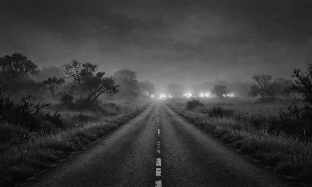 Black-and-white illustration of a rural road at night with blurred emergency lights in the distance