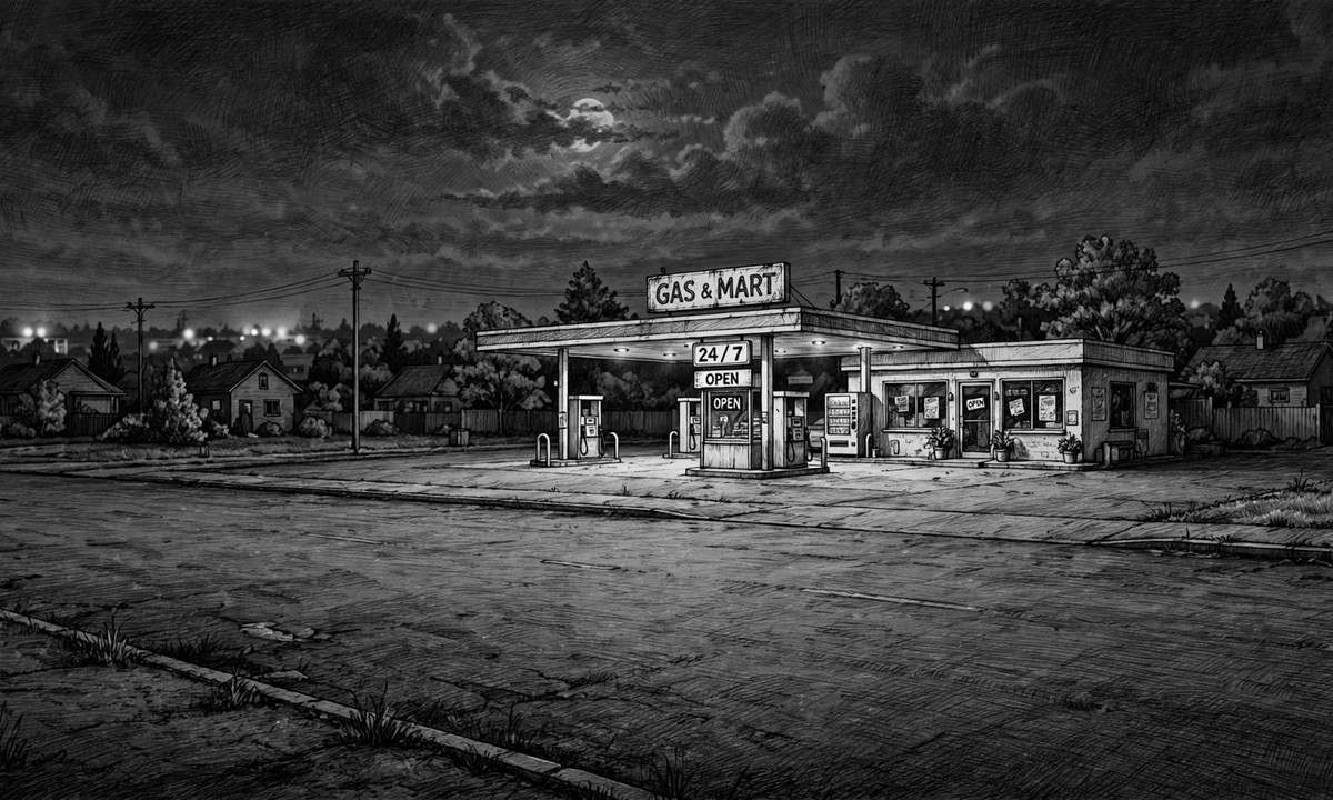 Black-and-white illustration of a suburban gas station at night with a glowing canopy sign and distant lights